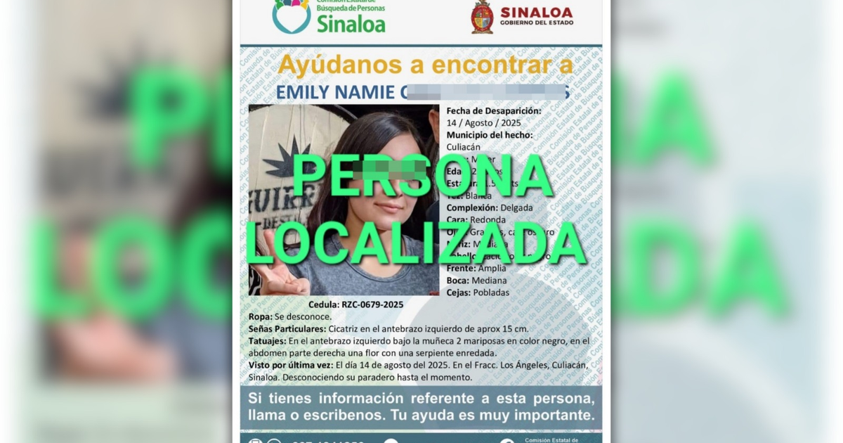 Cartel de búsqueda de Emily Namie, desaparecida en Culiacán, con detalles físicos y aviso de localización.