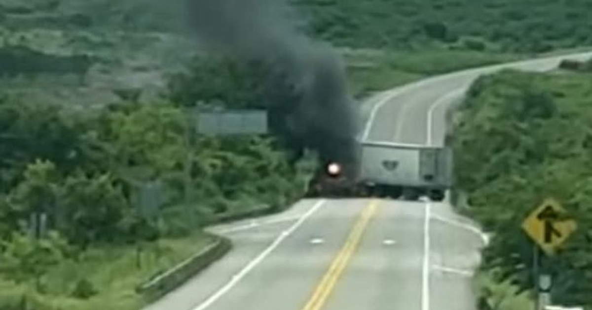 Camión de carga emitiendo humo negro en carretera de Escuinapa, Sinaloa, con vegetación y señal de tráfico visible.