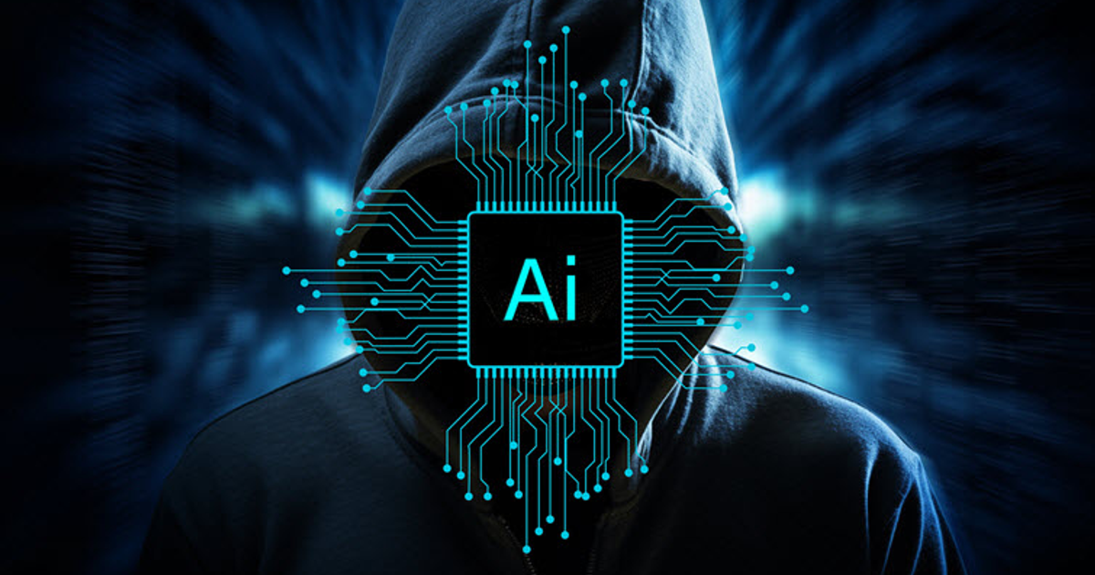 Figura encapuchada con circuitos y símbolo de IA en fondo digital oscuro
