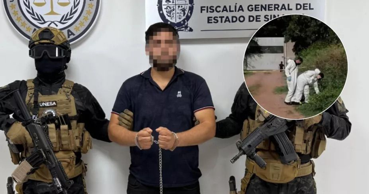 Hombre esposado con agentes de seguridad, vinculado a feminicidio en Culiacán.