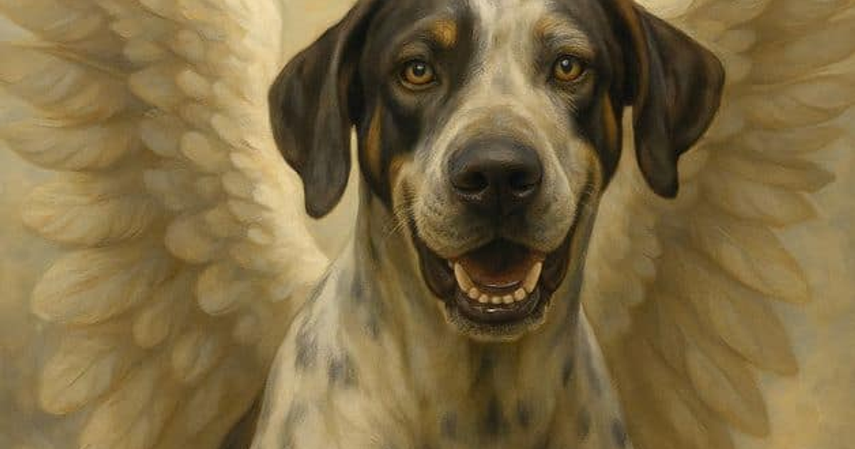 Perro con alas sonriendo, simbolizando esperanza y justicia para 'Bobby'.
