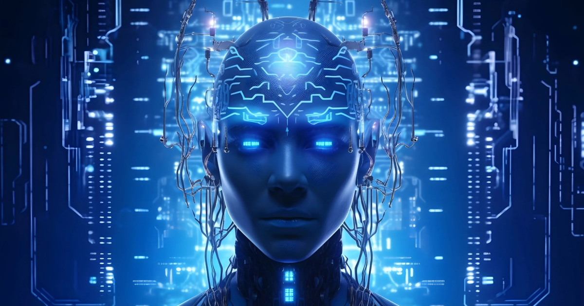 Rostro humanoide futurista con elementos tecnológicos en tonos azules y oscuros.
