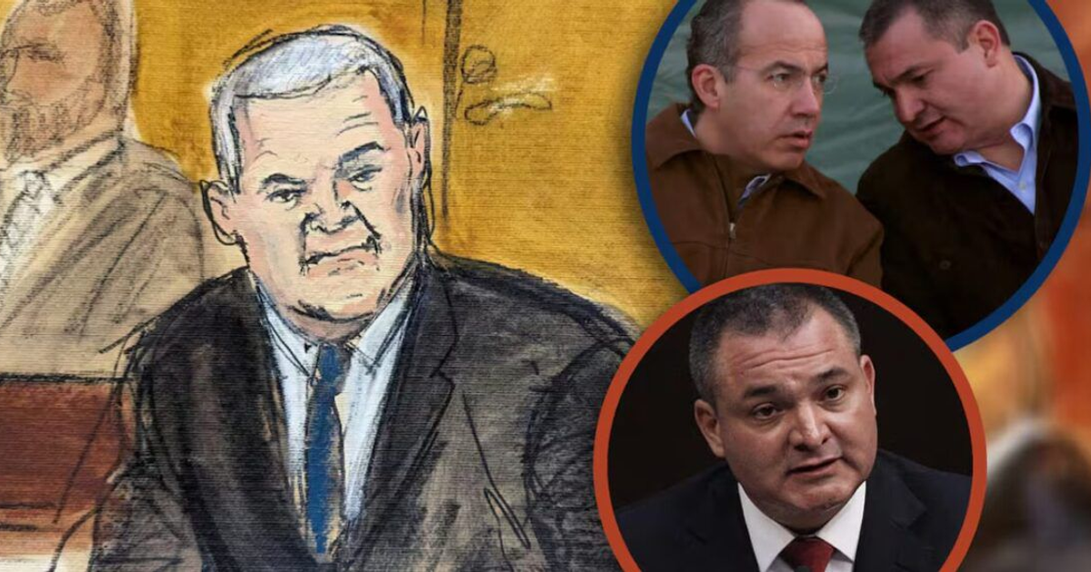 Dibujo de un entorno judicial con personas conversando, vinculado al caso de Genaro García Luna y su apelación.