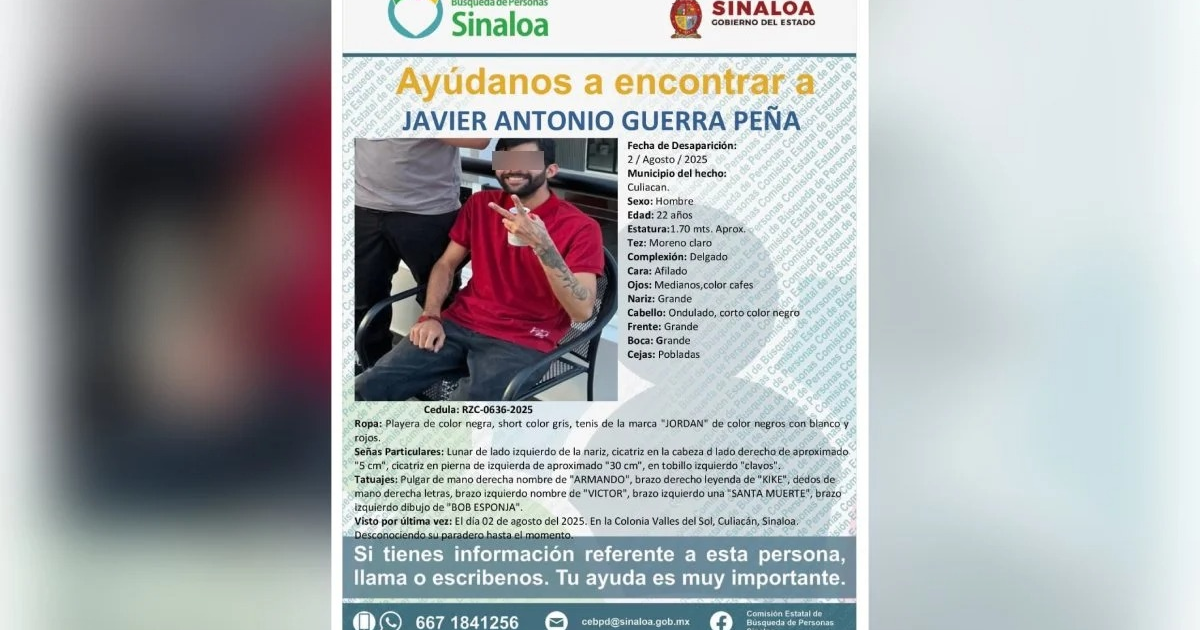 Cartel de búsqueda de Javier Antonio Guerra Peña, desaparecido en Culiacán, Sinaloa.