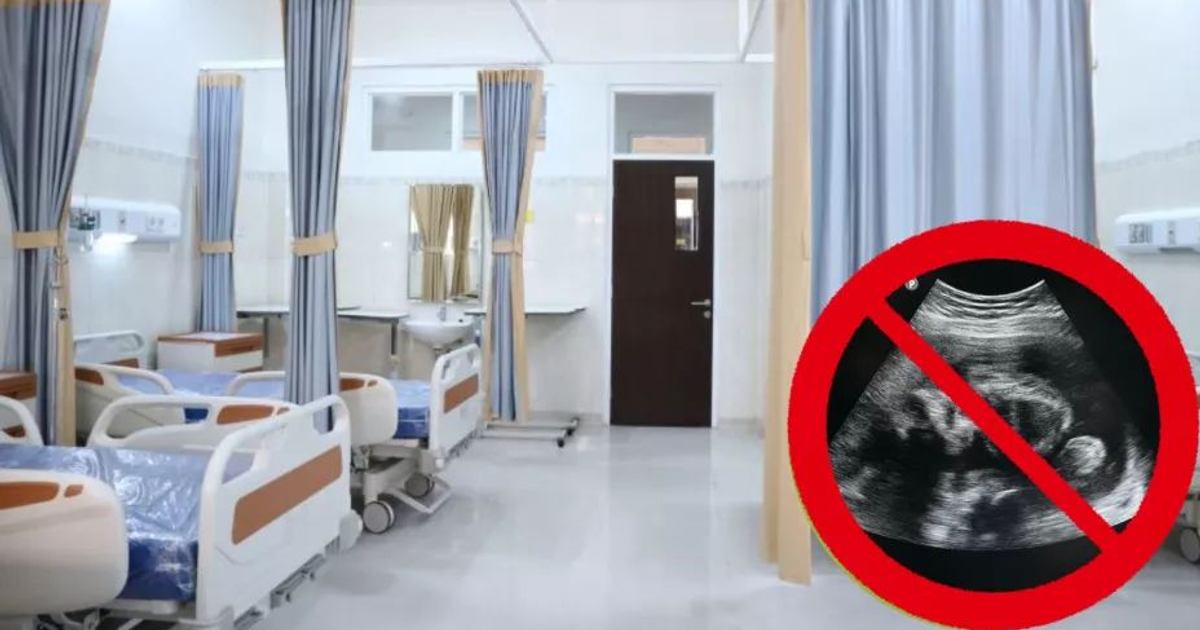 Interior de hospital con camas y símbolo de prohibido sobre ultrasonido, relacionado con interrupciones legales del embarazo en Sinaloa 2025.