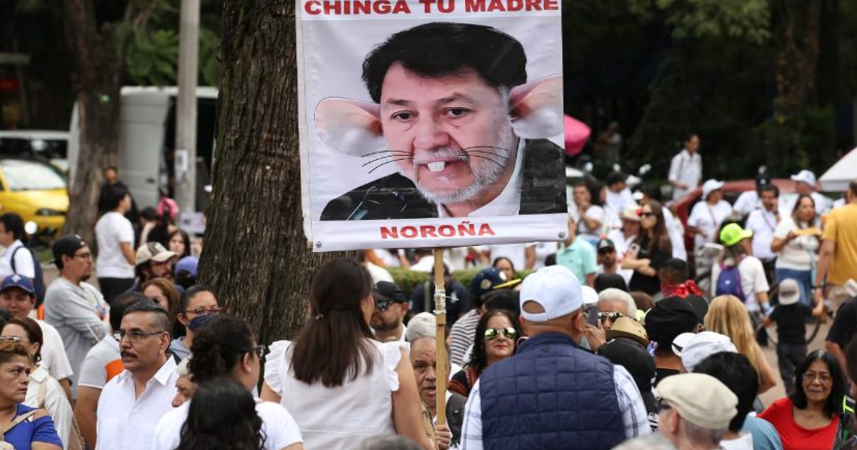 Grupo de personas en marcha 'La Resistencia' en CDMX con pancarta caricaturesca