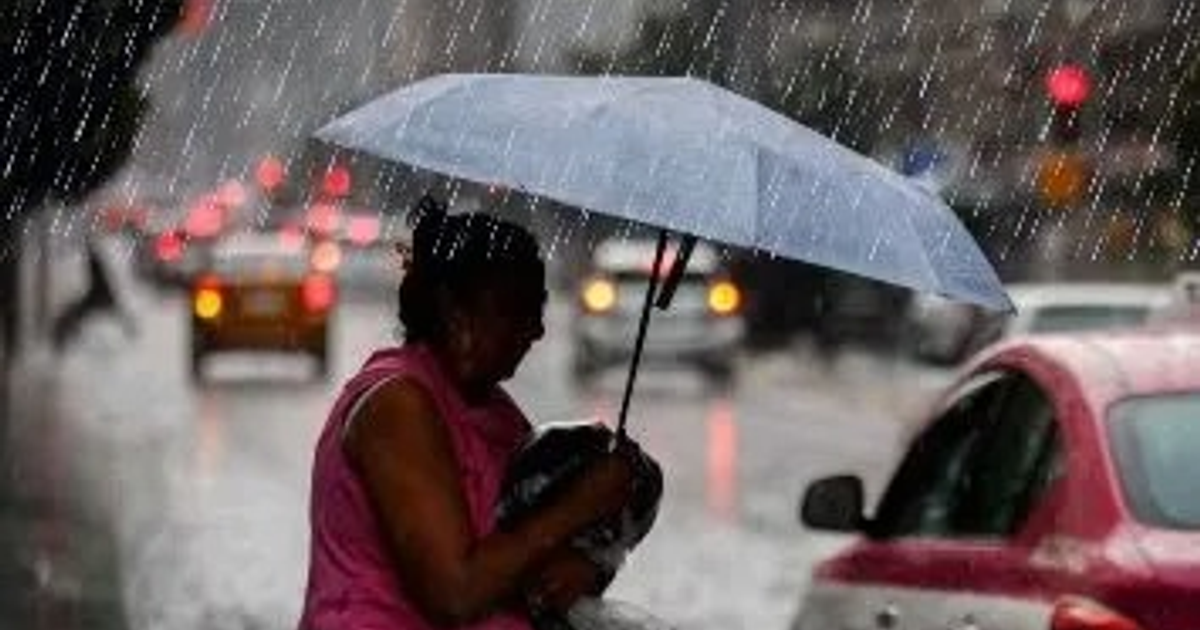 Persona con paraguas bajo la lluvia en una calle urbana de Sinaloa, con luces de coches y signos de tráfico visibles.