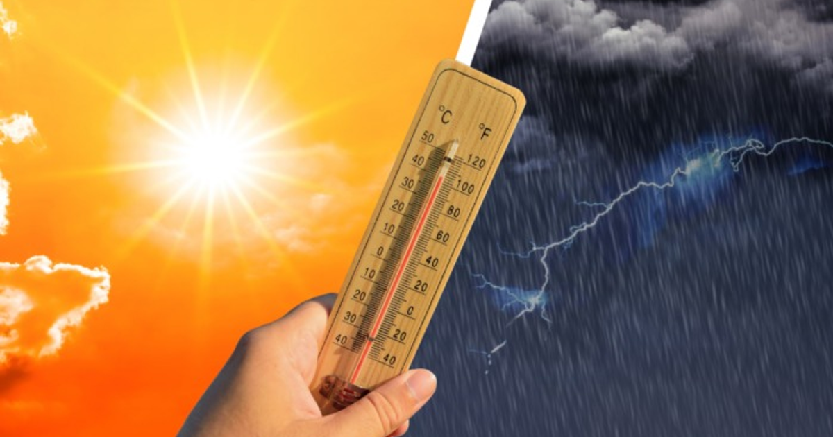 Termómetro en mano con fondo de clima soleado y tormentoso, representando el pronóstico de Sinaloa.