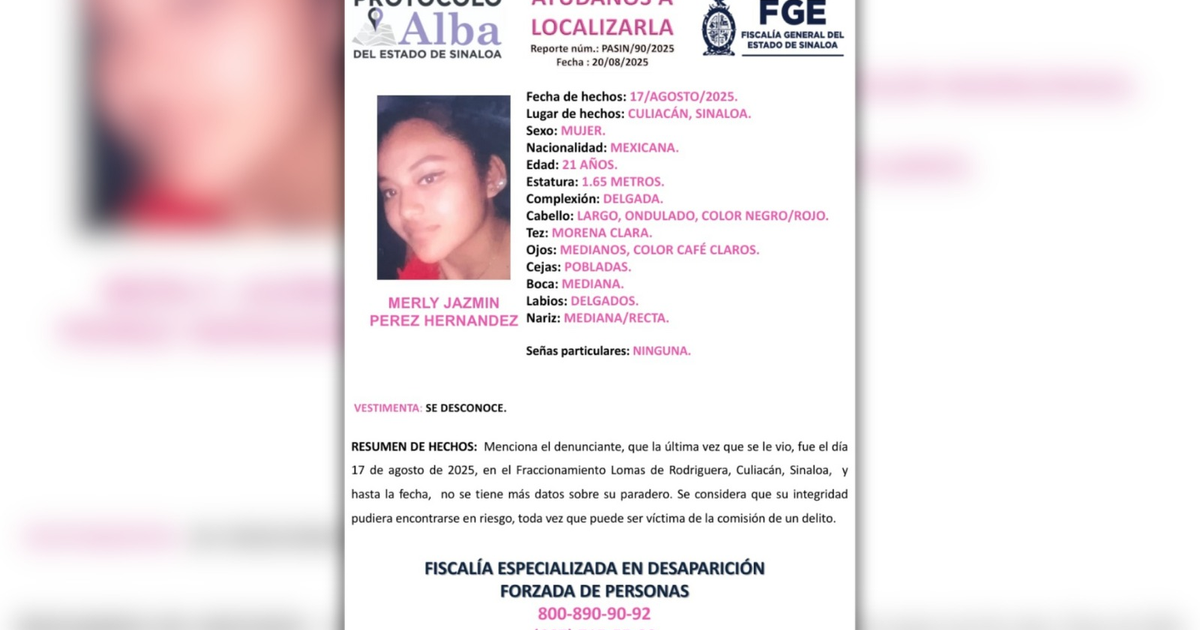 Cartel de búsqueda de Merly Jazmín Pérez Hernández, desaparecida en Culiacán, Sinaloa.