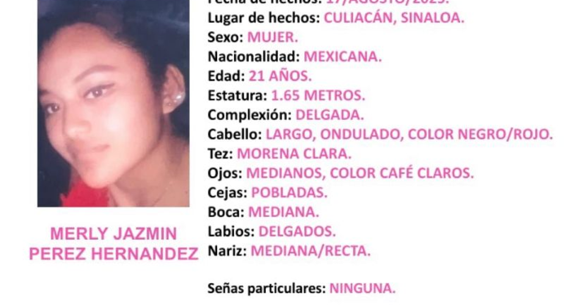 Cartel de búsqueda de mujer desaparecida en Culiacán con foto y detalles personales.