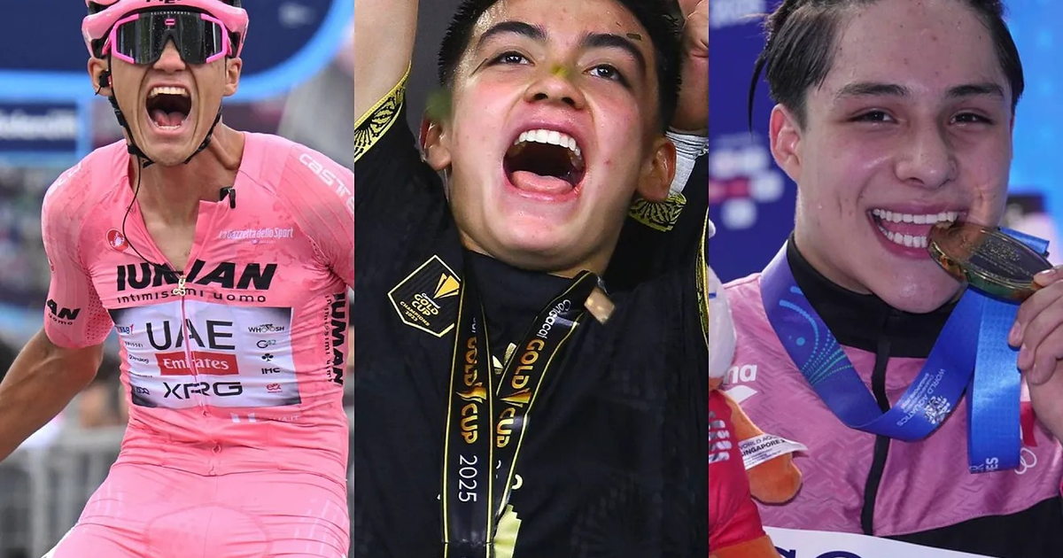 Tres jóvenes atletas mexicanos celebran con medallas, simbolizando la nueva generación dorada del deporte en México.