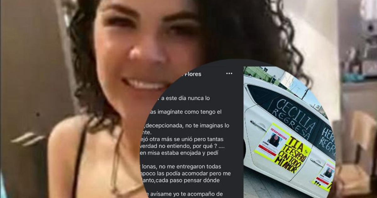 Mujer sonriente en habitación con texto sobre búsqueda de Cecilia y oferta de auto