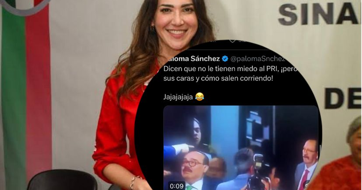 Paloma Sánchez, diputada priista, sonríe vestida de rojo, con un post de Twitter humorístico sobre el PRI y una miniatura de video cómico.