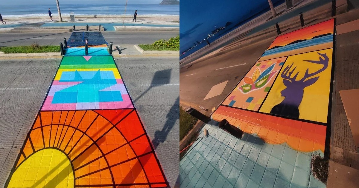 Murales coloridos en Mazatlán con sol naciente y ciervo al atardecer