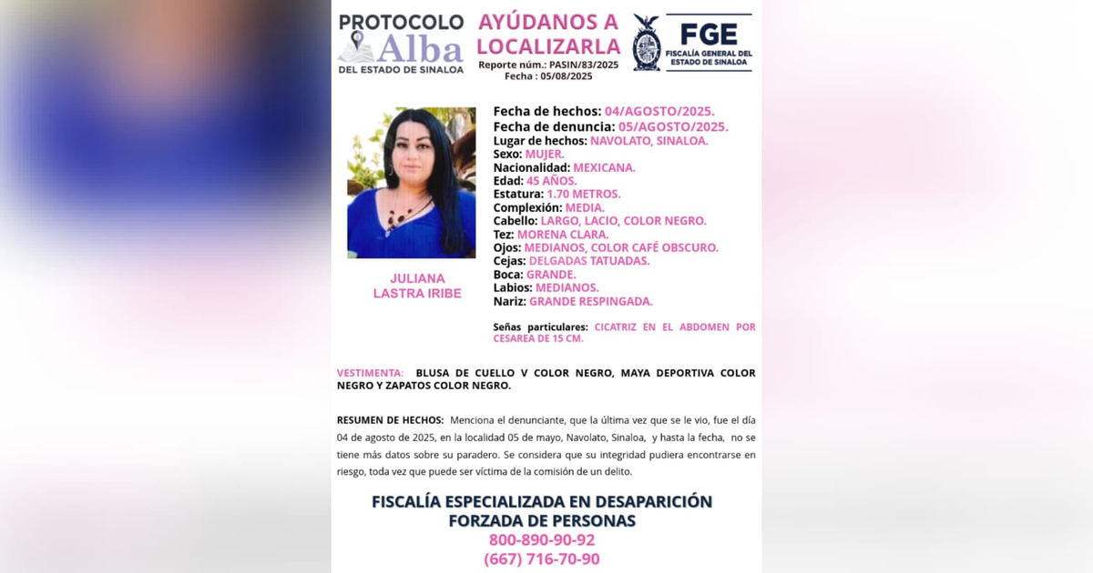 Cartel de búsqueda de Juliana Lastra Iribe bajo el Protocolo Alba en Sinaloa.
