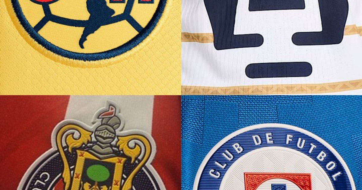 Escudos de equipos de fútbol de México en cuadrantes: amarillo, blanco y azul, complejo con adornos, y 'CLUB DE FUTBOL'.
