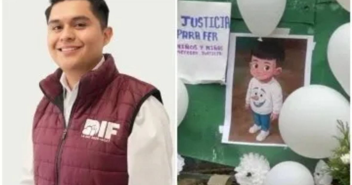 Persona con chaleco del DIF junto a cartel 'JUSTICIA PARA FER' y decoración.
