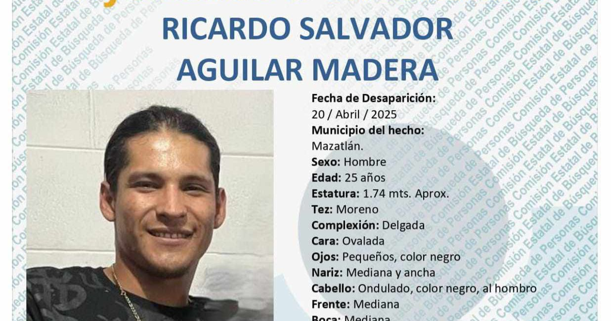 Cartel de búsqueda de Ricardo Salvador Aguilar Madera, desaparecido en Mazatlán, con detalles personales y físicos.