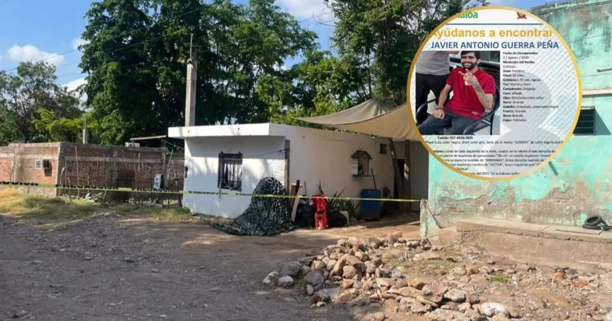 Estructuras rurales con cinta de seguridad y cartel de persona desaparecida, Javier Antonio Guerra Peña.