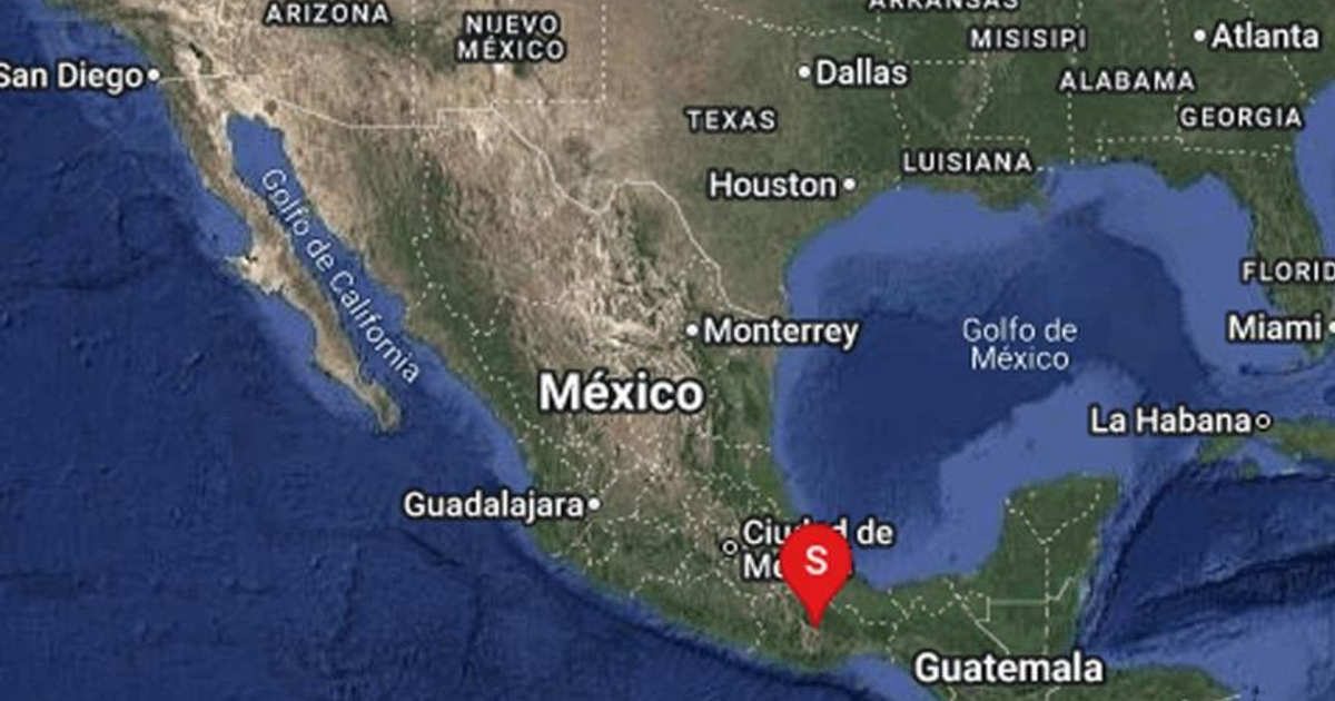 Mapa de México mostrando el Golfo de California, Golfo de México, y ciudades importantes, con un marcador en el sur indicando el sismo en Oaxaca.