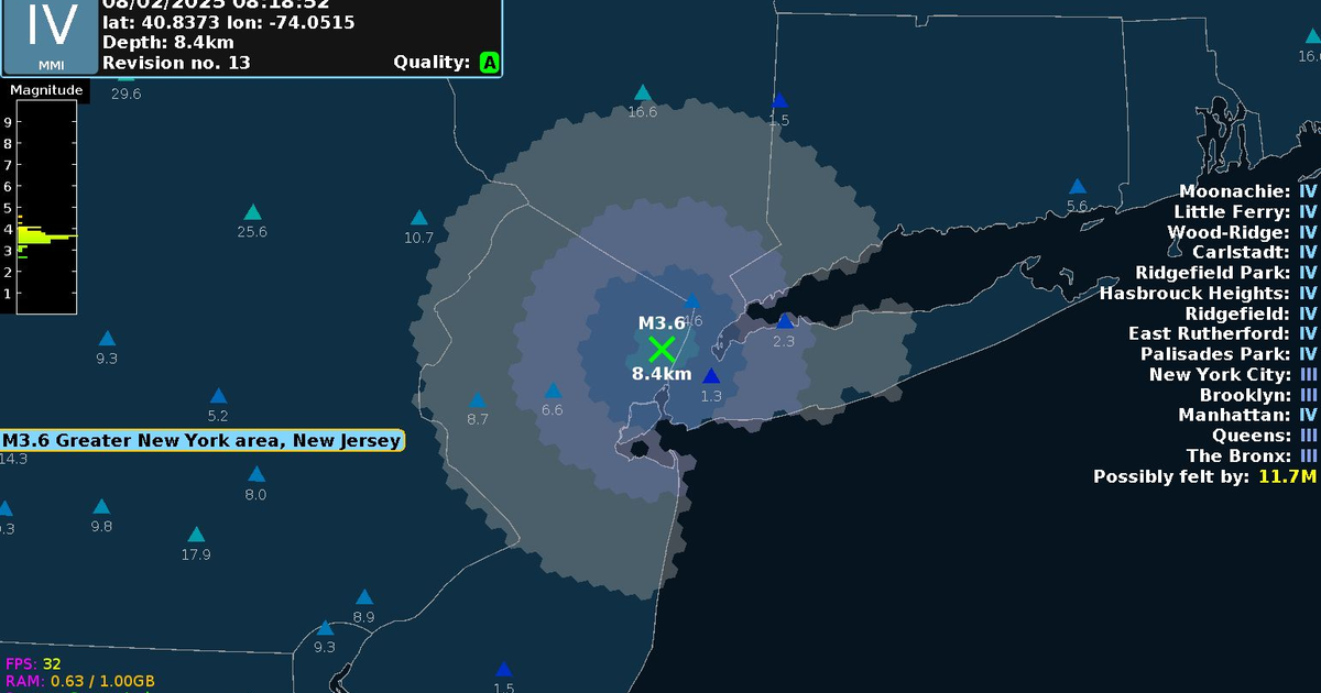 Mapa de impacto del sismo de magnitud 3.6 en Nueva York y Nueva Jersey, mostrando epicentro y niveles de intensidad.