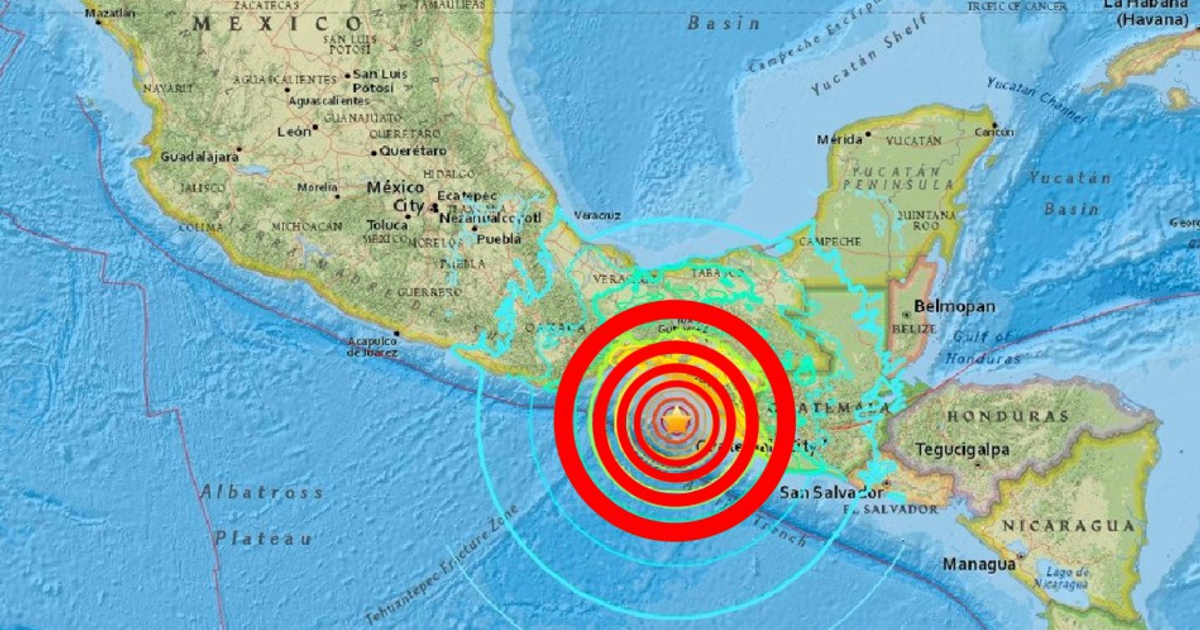 Mapa de América Central con círculos concéntricos indicando un sismo en Matías Romero, Oaxaca.
