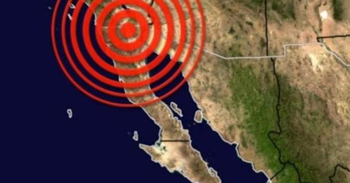 Mapa de actividad sísmica en San Felipe, Baja California, con círculos rojos indicando áreas de posible terremoto.