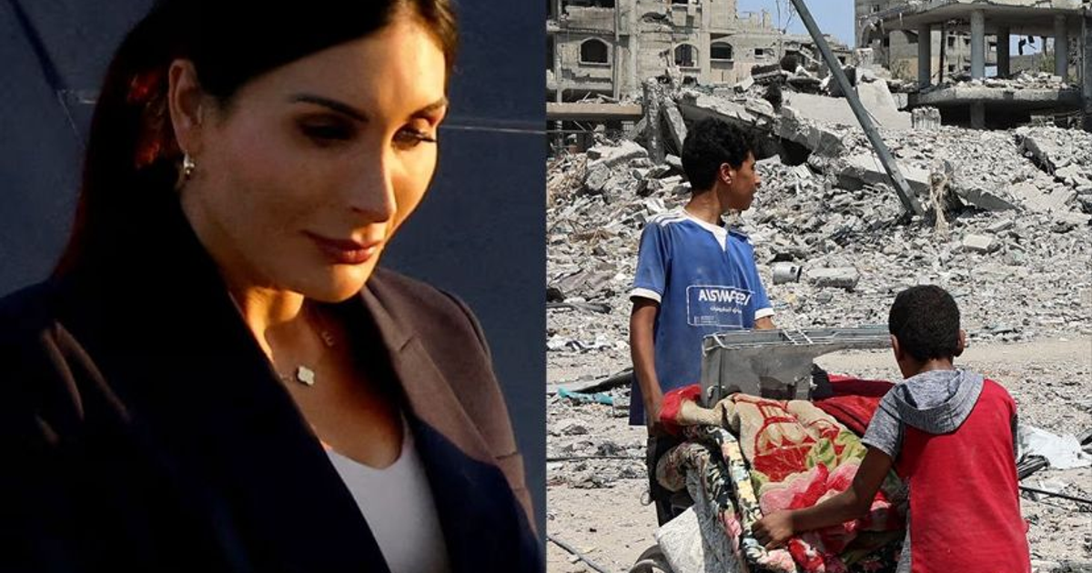 Mujer contemplativa y niños en un entorno devastado, relacionado con la suspensión de visas para refugiados palestinos.