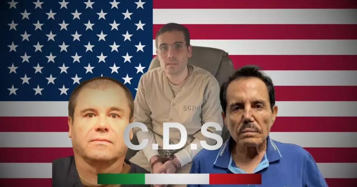 Tres individuos frente a un fondo con la bandera de EE.UU. y símbolos del Cártel de Sinaloa, representando el traslado de criminales a EE.UU.