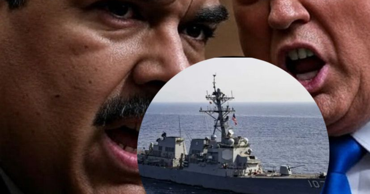 Dos personas discutiendo con un barco en el agua, simbolizando el tránsito del USS Lake Erie y la respuesta de Venezuela.