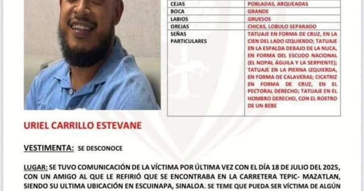 Cartel de búsqueda de Uriel Carrillo Estevane con detalles físicos y última ubicación en Escuinapa, Sinaloa.