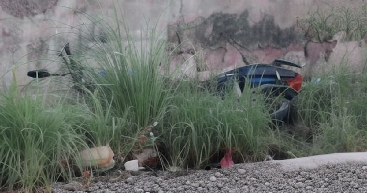 Motocicleta Italika accidentada en Mazatlán, oculta por maleza.