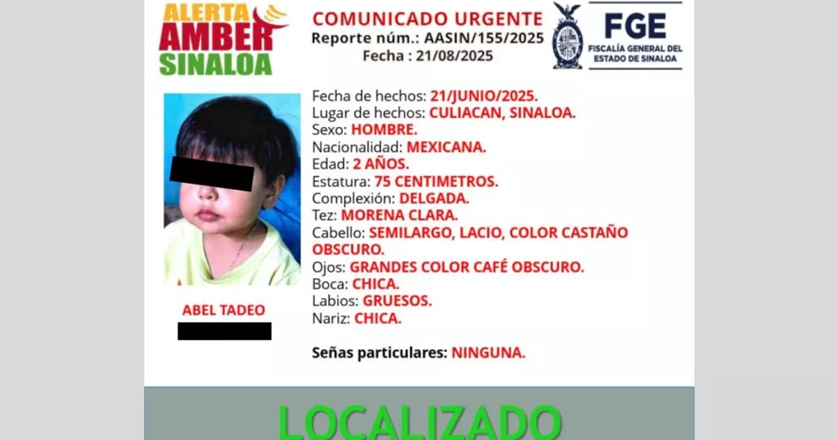 Comunicado de Alerta Amber de Sinaloa sobre Abel Tadeo, niño de 2 años desaparecido y localizado.