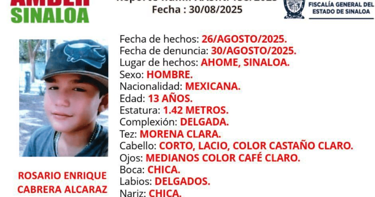 Imagen de la ficha de Alerta Amber de Rosario Enrique Cabrera Alcaraz, niño desaparecido en Sinaloa.
