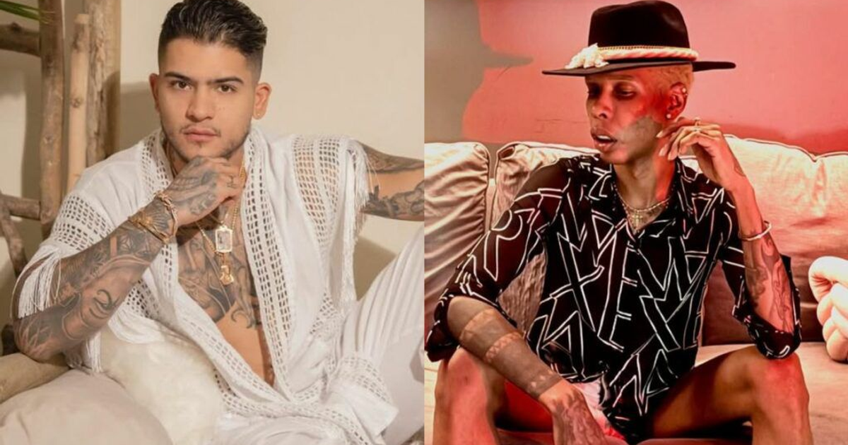 Dos personas con estilos de moda contrastantes posando en un fondo cambiante de claro a oscuro.