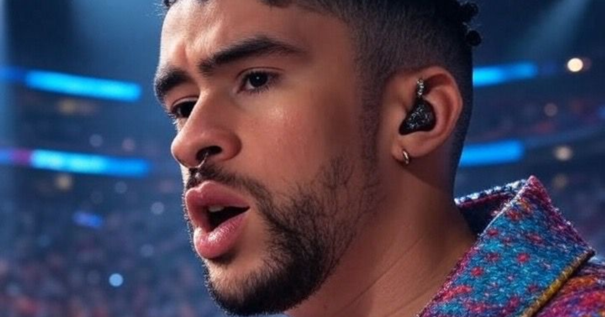 Bad Bunny sentado en los postes de gol anunciando su participación en el Super Bowl 2026