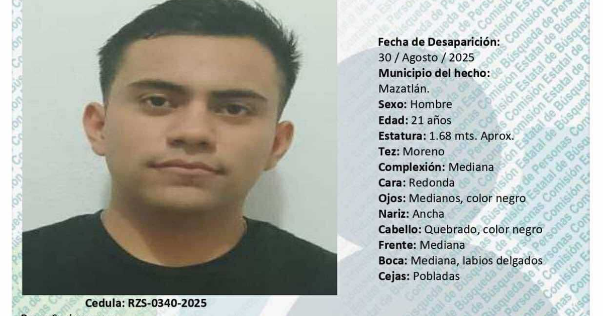 Aviso de desaparición de Vicente Daniel Medina Meraz, joven de 21 años desaparecido en Mazatlán el 30 de agosto de 2025.