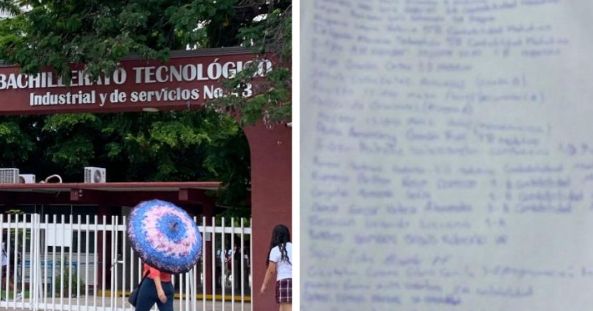 Entrada del CBTIS 43 con personas y documento manuscrito relacionado con estudiantes.