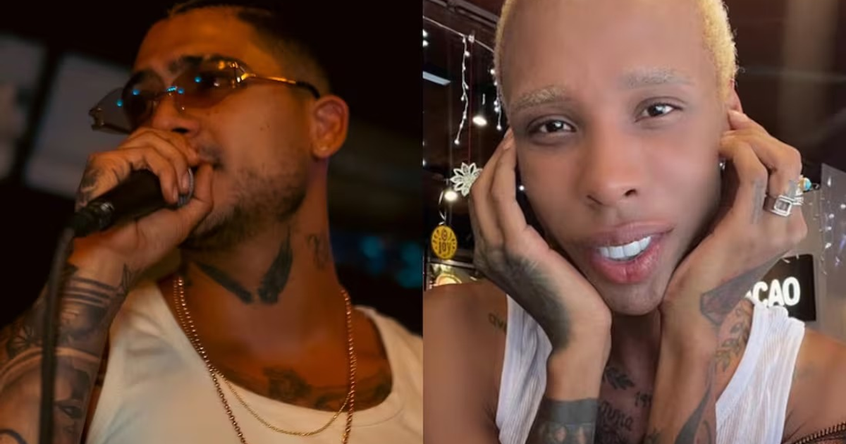 Dos personas con tatuajes, una cantando en un micrófono y otra posando con las manos en el rostro.