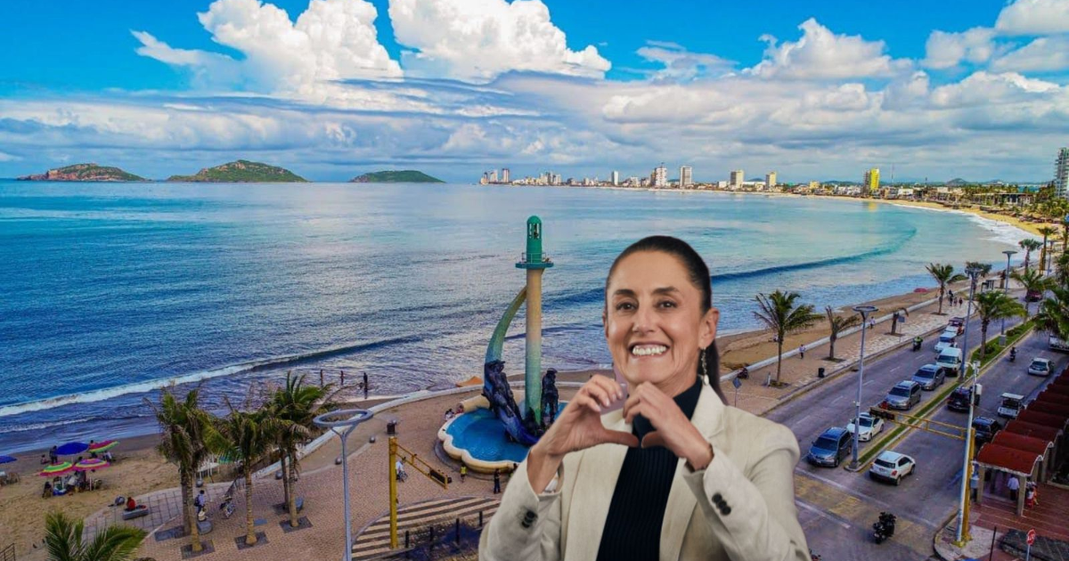 Playa de Mazatlán con paseo de palmeras y figura haciendo un corazón con las manos, en el contexto de la visita de Claudia Sheinbaum.