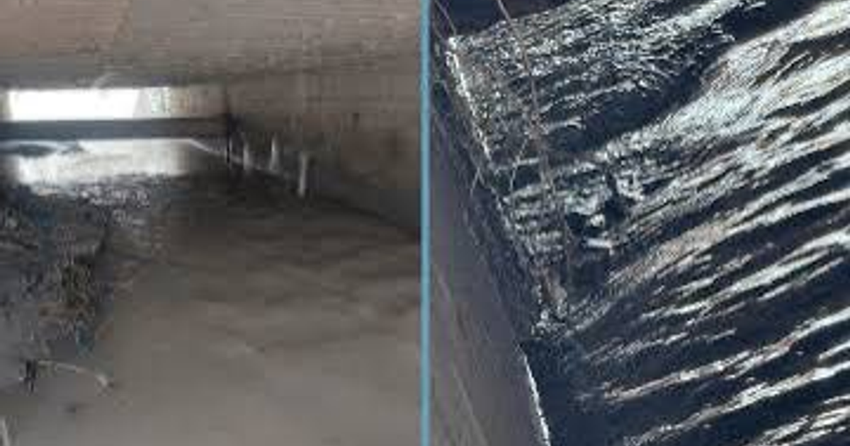 Vista dual del canal pluvial en Mazatlán con agua oscura y clara, sitio de avistamiento de cocodrilos.