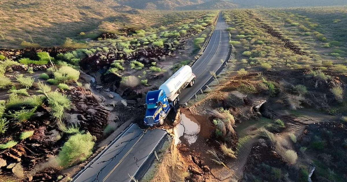 Camión atrapado en carretera dañada por tormenta en San Ignacio, Baja California Sur