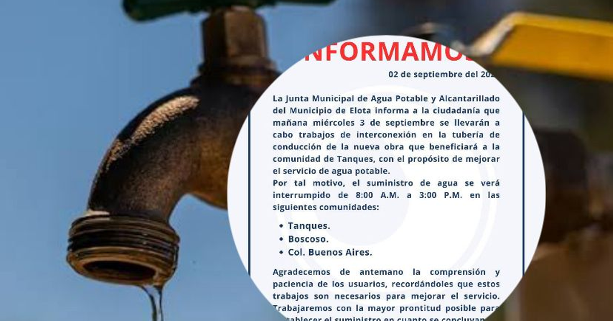 Comunicado de la JMAS Elota sobre interrupción de agua con imagen de grifo