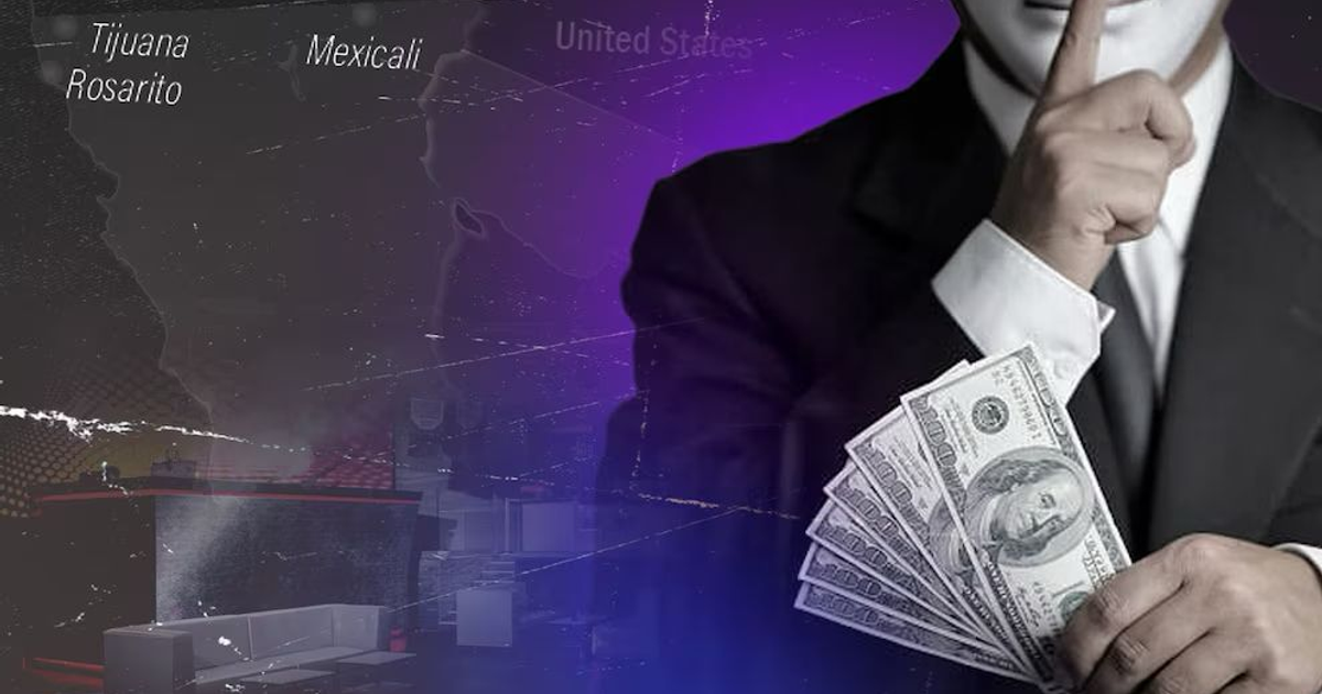 Persona enmascarada con gesto de silencio y billetes, fondo de mapa y bar, relacionado con narcotráfico.