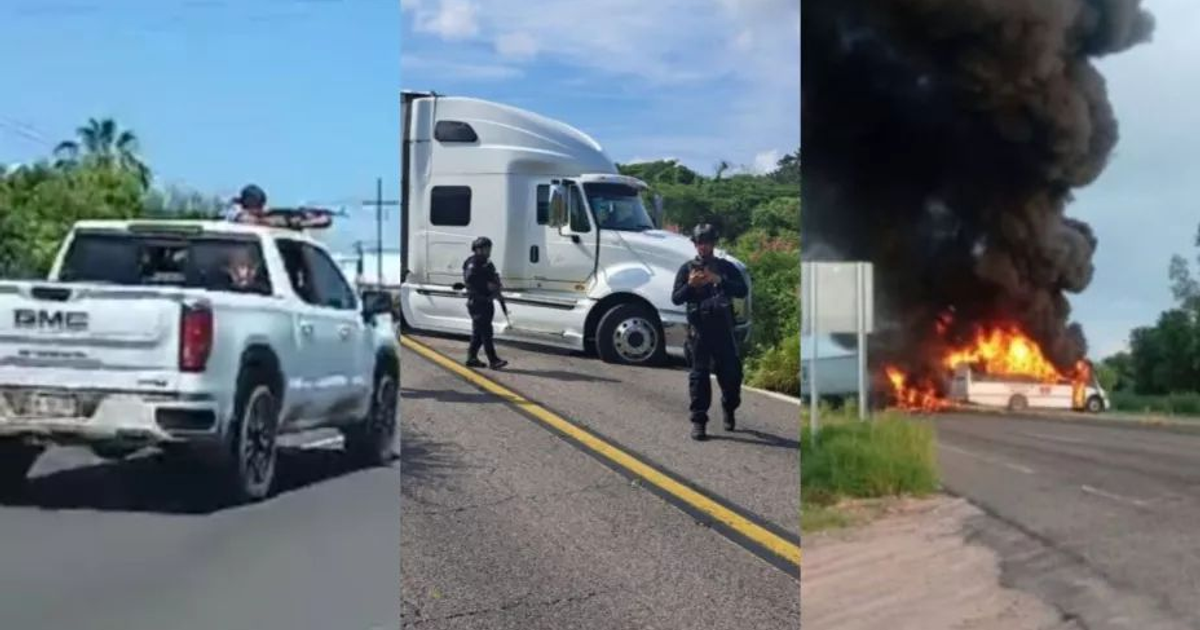 Camioneta con personas armadas, camión detenido con policías y camión en llamas en carretera.