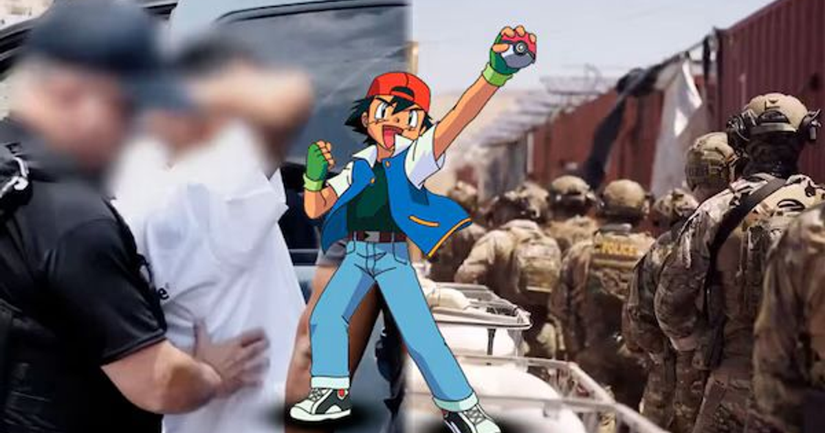 Personaje animado con Pokébola en operación policial, relacionado con video del DHS y Pokémon.