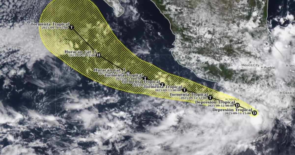 Mapa meteorológico de la depresión tropical Trece-E y su evolución a tormenta Mario cerca de México.