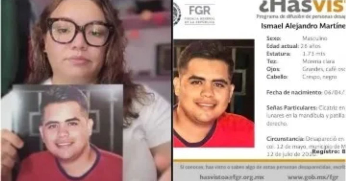 Mujer con foto de Ismael Alejandro Martínez Carrizales y cartel de búsqueda