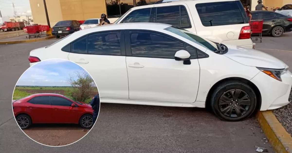 Automóvil blanco en aparcamiento y auto rojo en camino de terracería, ambos recuperados en Culiacán.