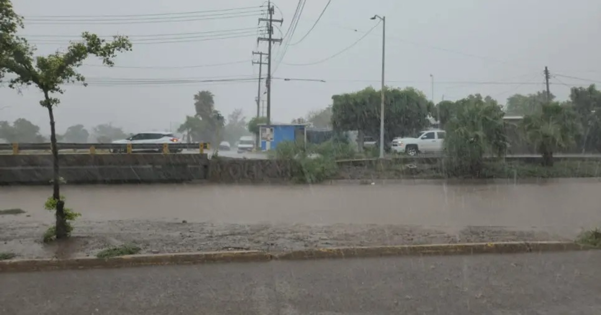 Paisaje lluvioso en Los Mochis con inundaciones y vehículos en carretera